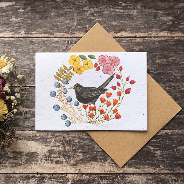 Plantable Seed Paper Birthday Card, Blank Inside,bird greeting card, Black birds