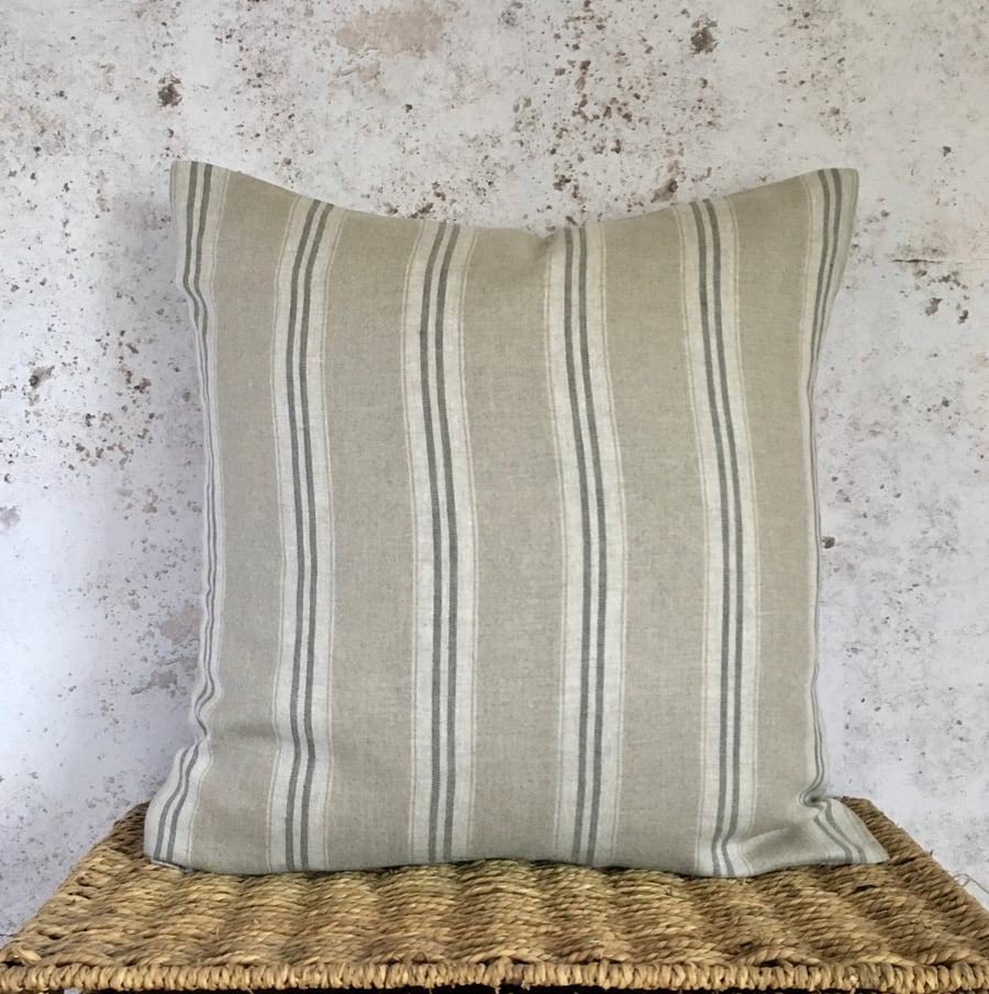 Linen Cushion Cover with Ash Grey Stripes 16” x 16”