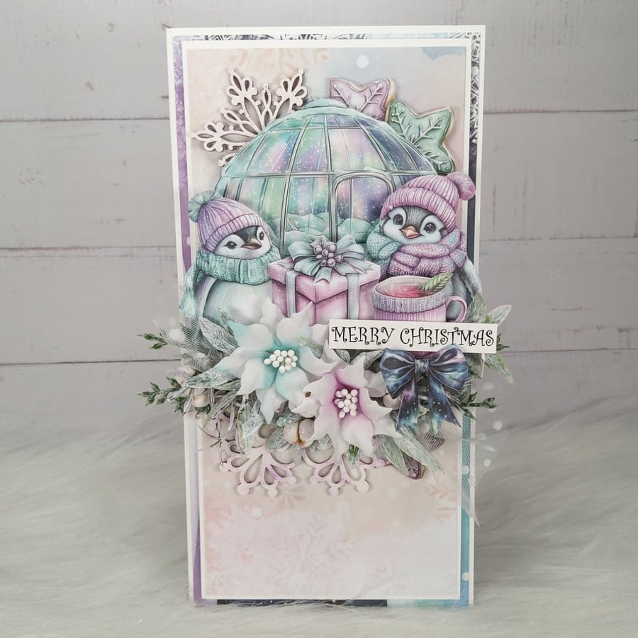 Handmade Christmas Card with Penguins, Igloo & Flowers(118)Luxury Christmas Card