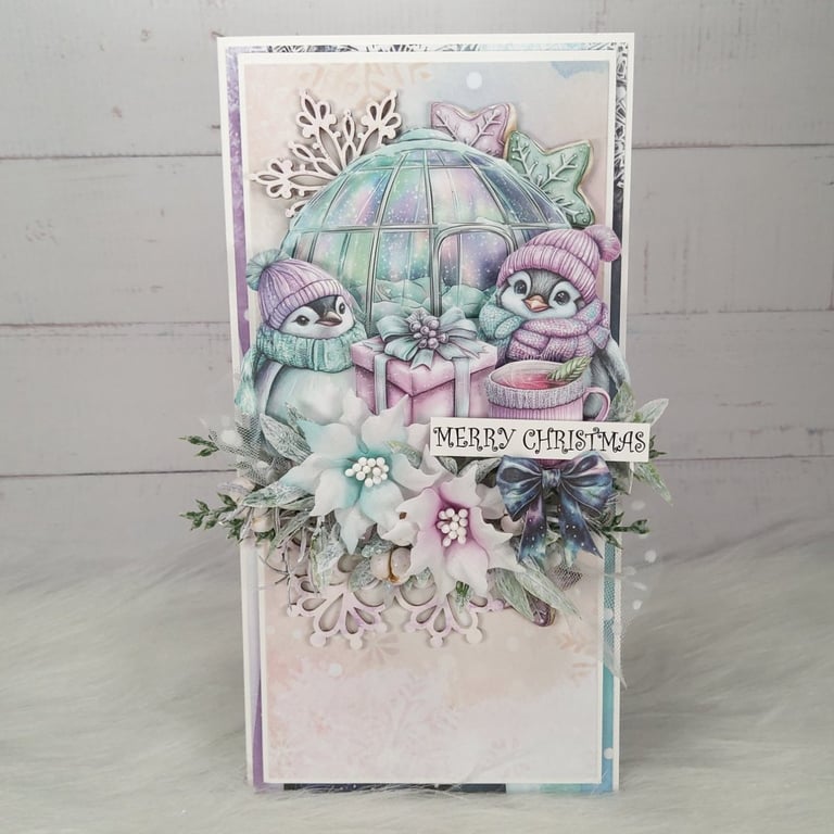 Handmade Christmas Card with Penguins, Igloo & Flowers(118)Luxury Christmas Card