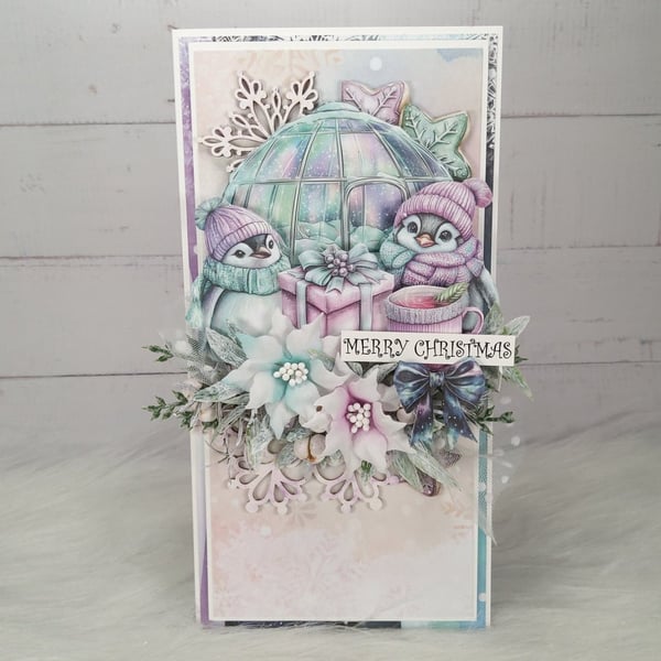 Handmade Christmas Card with Penguins, Igloo & Flowers(118)Luxury Christmas Card