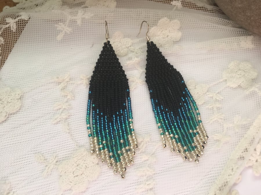 Beaded fringe dangle earrings, boho girl, evening jewelry, mothers day gift 