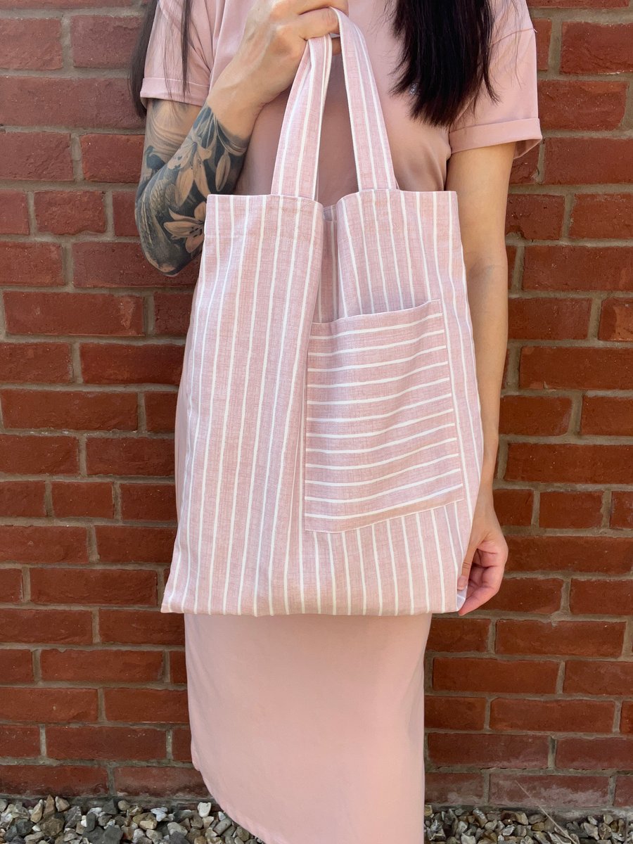 Pink Striped Cotton Tote Bag, Reusable Shopping Bag