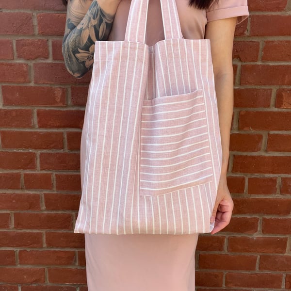Pink Striped Cotton Tote Bag, Reusable Shopping Bag