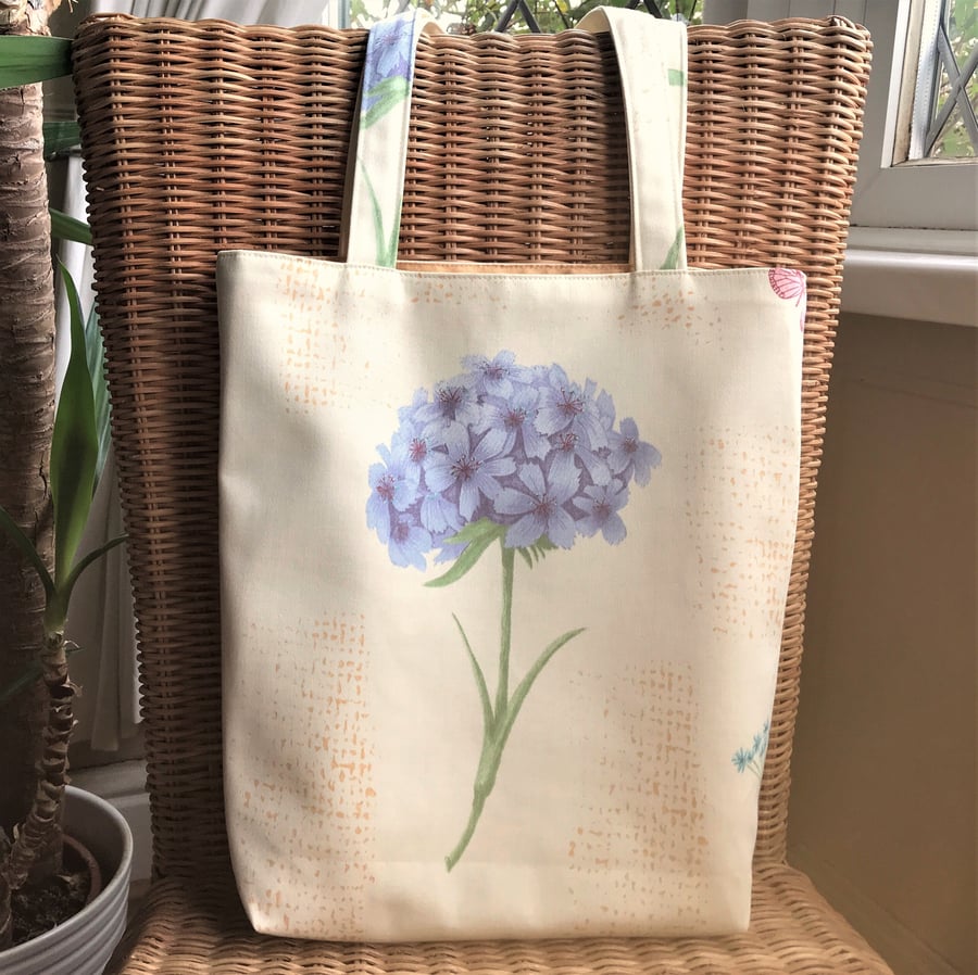 Pale yellow tote bag, handbag with blue flower