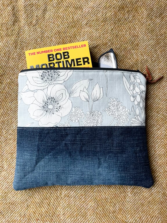 Reclaimed denim and floral book pouch zip bag clutch with reclaimed materials