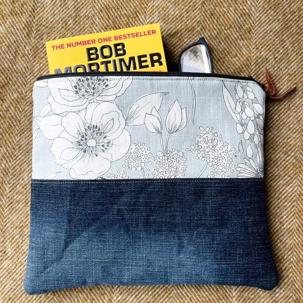 Reclaimed denim and floral book pouch zip bag clutch with reclaimed materials