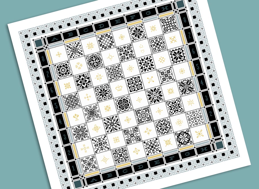 221A Cross Stitch chart - The Queen's Gambit - Full Chess Board Quaker Sampler