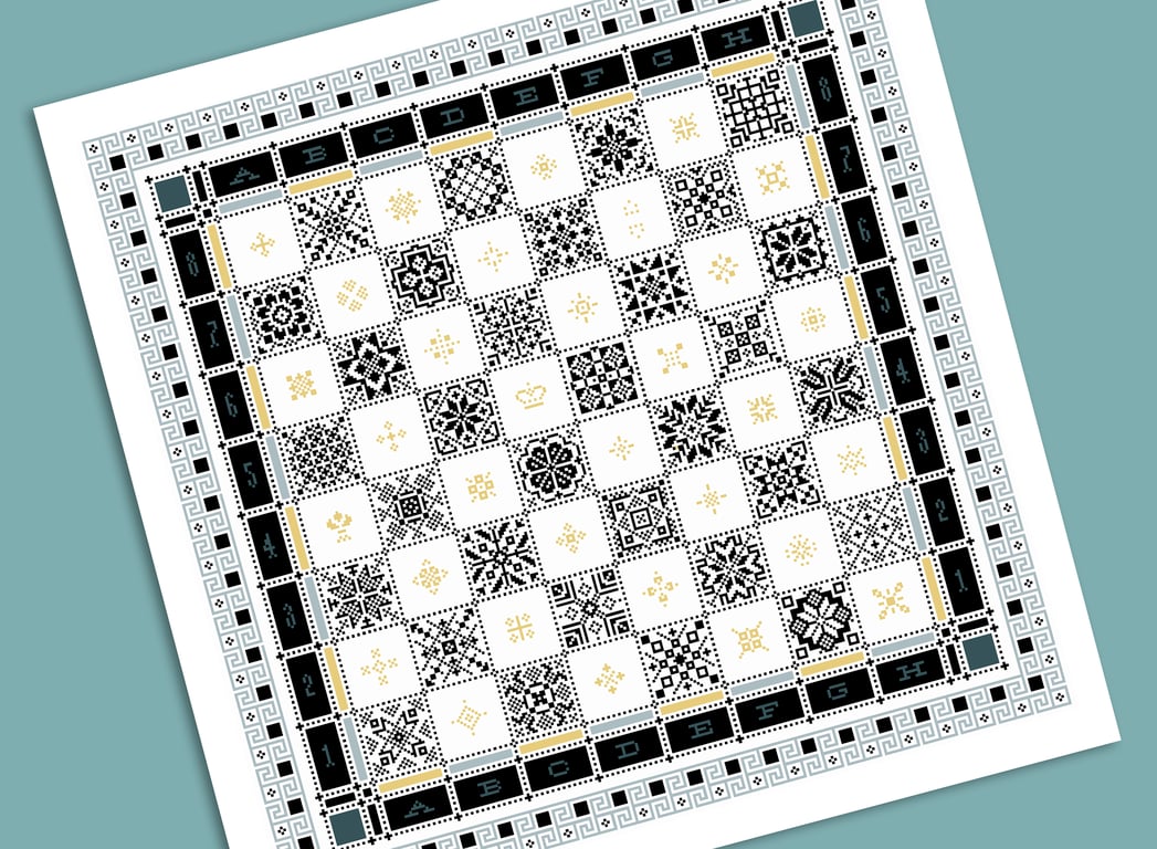 221A Cross Stitch chart - The Queen's Gambit - Full Chess Board Quaker Sampler