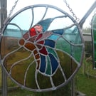 Stained Glass Suncatcher. Circular Butterfly, Multi Coloured Glass. 
