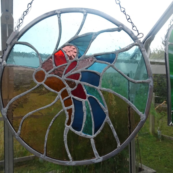 Stained Glass Suncatcher. Circular Butterfly, Multi Coloured Glass. 