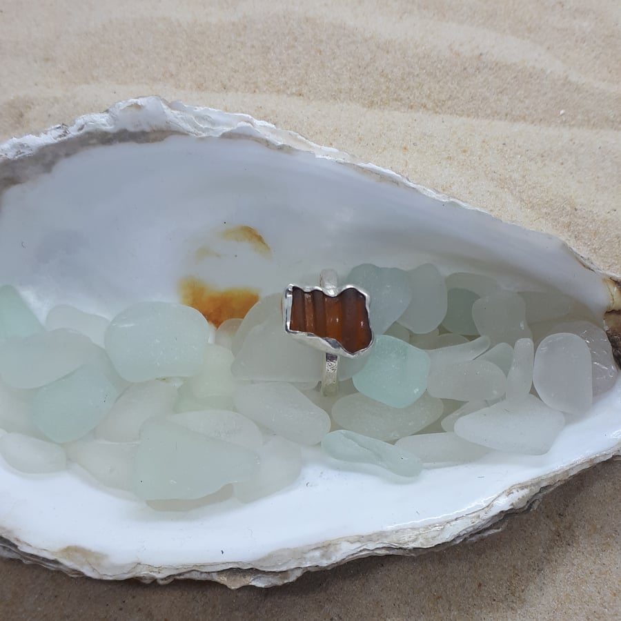 Amber sea glass ring