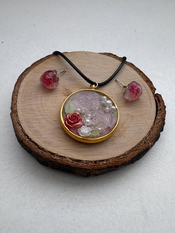 Handmade Resin Pendant Necklace & Rose Resin Stud Earrings Set - Delicate Floral