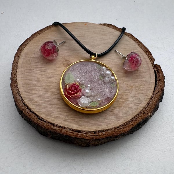 Handmade Resin Pendant Necklace & Rose Resin Stud Earrings Set - Delicate Floral