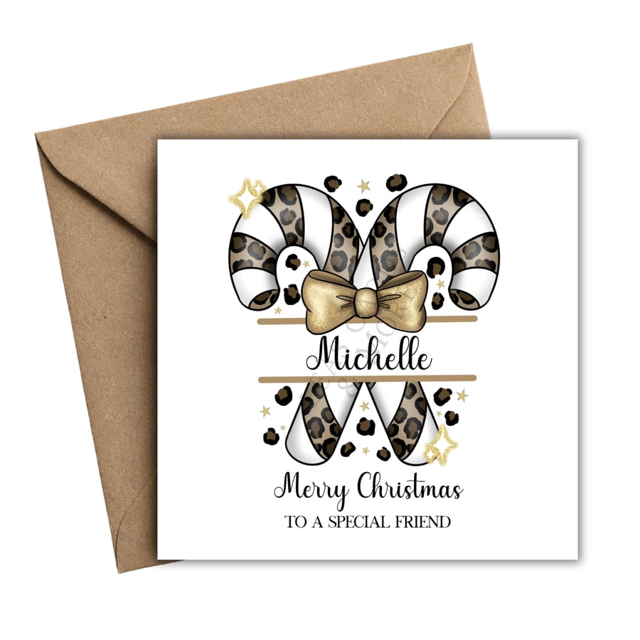 Leopard Print Candy Cane Merry Christmas Card