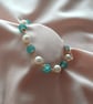 Blue Beaded Pearl Bracelet with Gold Spiral Wire Detail – Handmade Jewellery - Image 1
