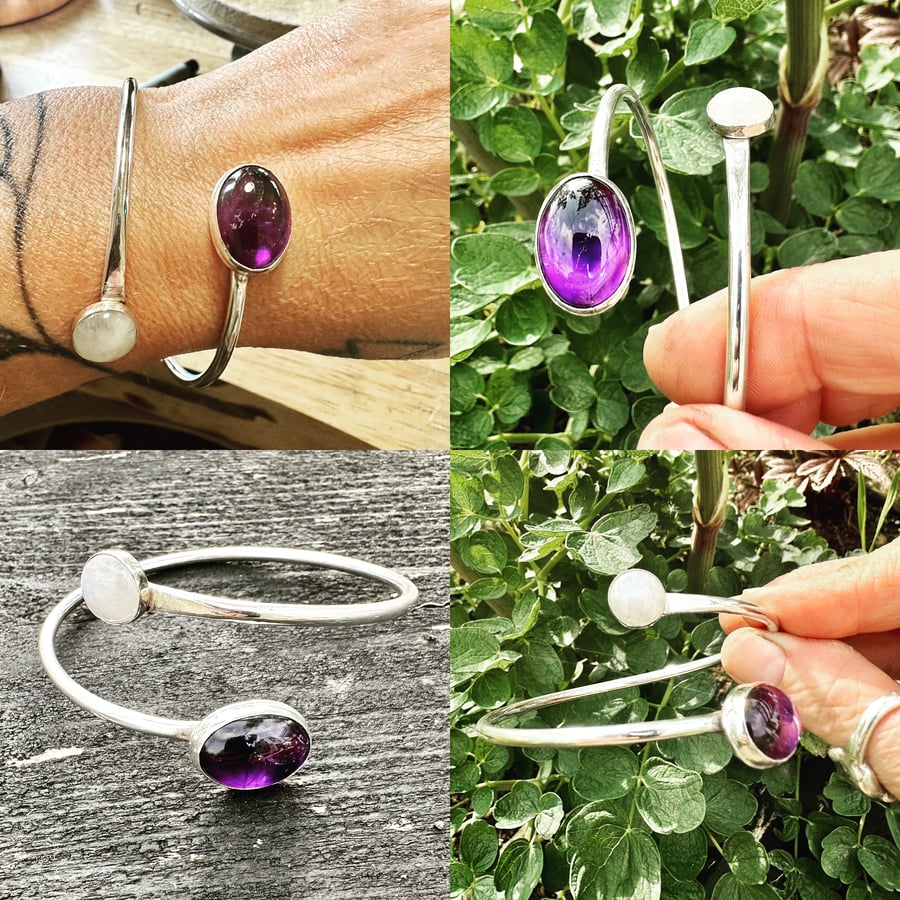 Amethyst and moonstone silver twist bangles