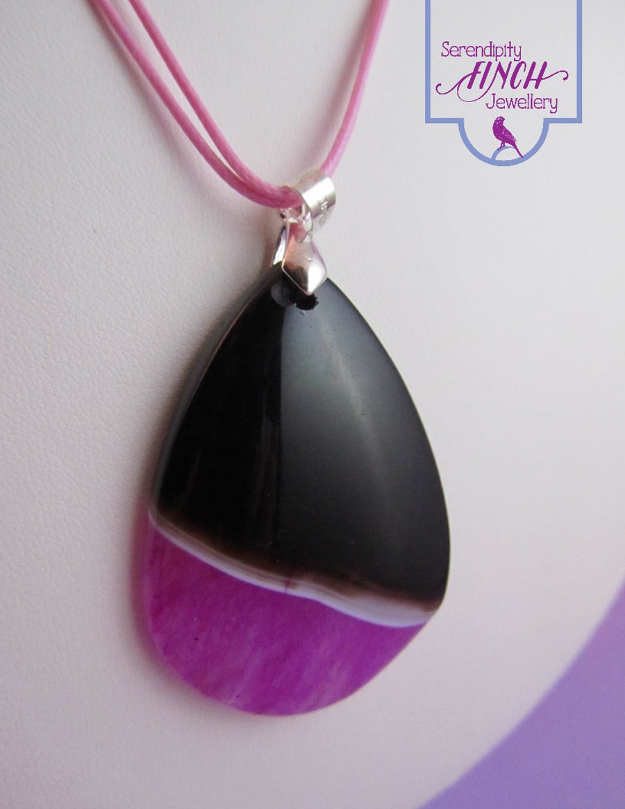 Pink Black Agate Pendant Necklace, Pink Necklace, Black Necklace