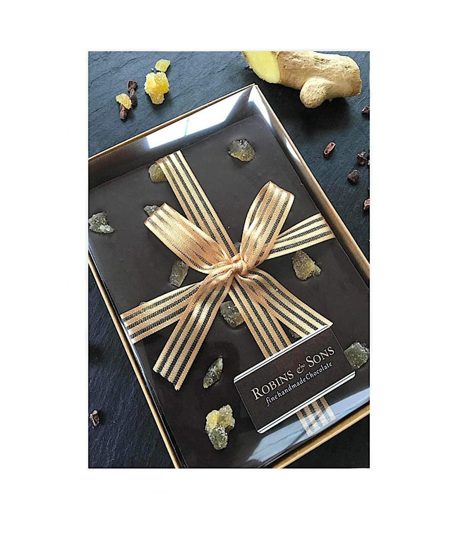 Handmade 80% Dark Chocolate GINGER Gift Boxed Bar - with crystallised ginger. 