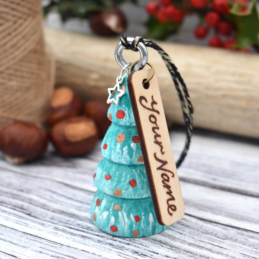 Mint Christmas tree decoration, personalised using pyrography