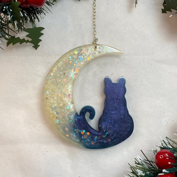 Cat and moon sparkly hanging decoration.