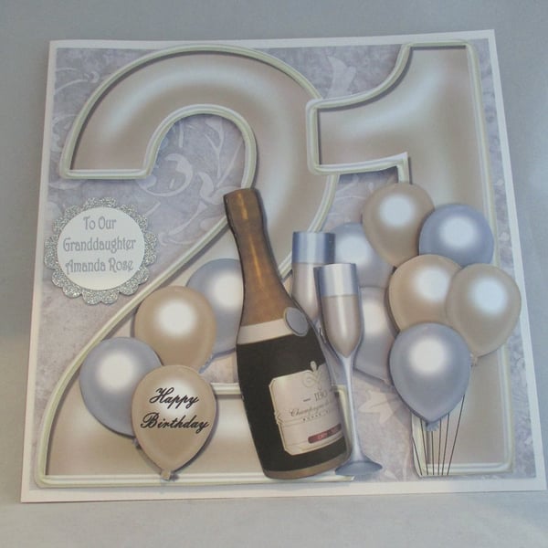 Handmade Large 21st Birthday Card, balloons, champagne,personalise,