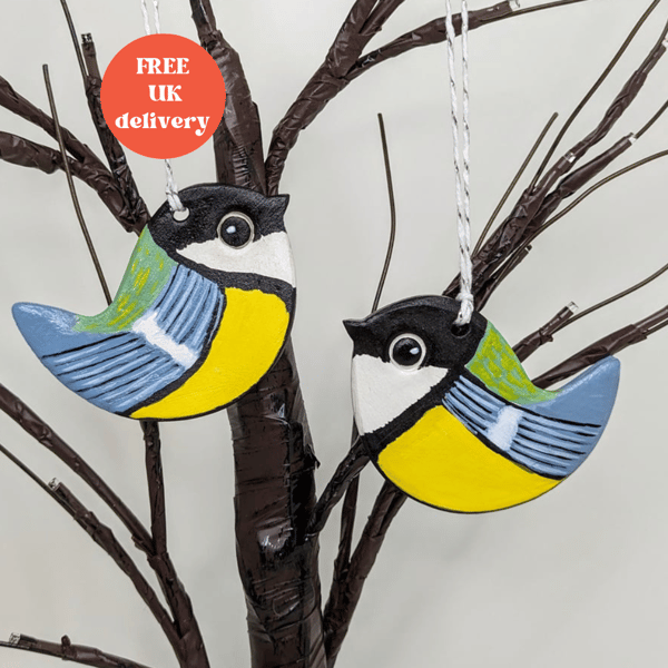 Bird hanging decoration, clay great tit, gift for a bird lover
