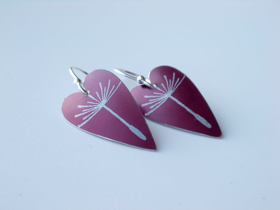 Dandelion seed heart earrings in burgundy
