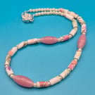 Flowery dusky pink paper beaded necklace with pearly beads
