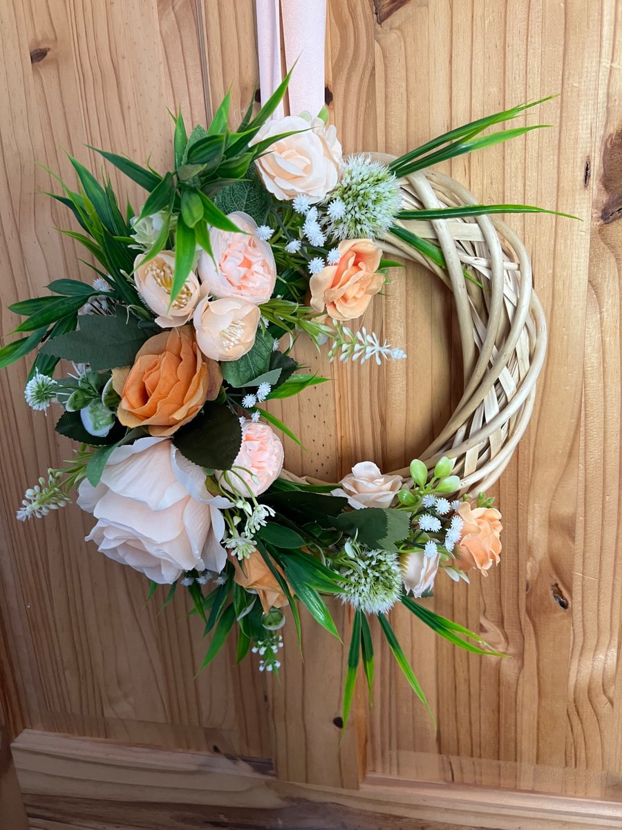 Peach and orange wicker door wreath