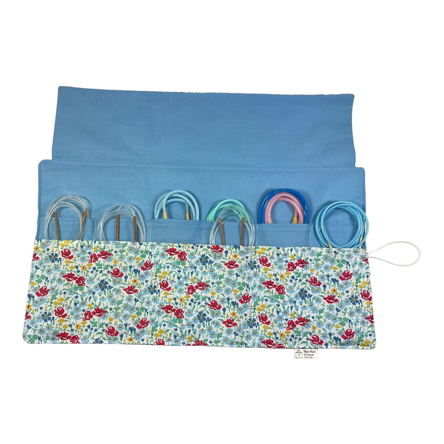Circular needle case made from Liberty floral fabric, fixed circular sock needle