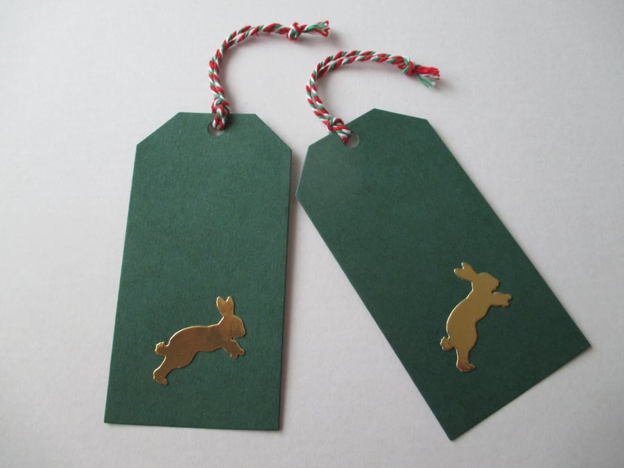 Gift Tag x 2 Bunny Rabbit Christmas Present Gold Green