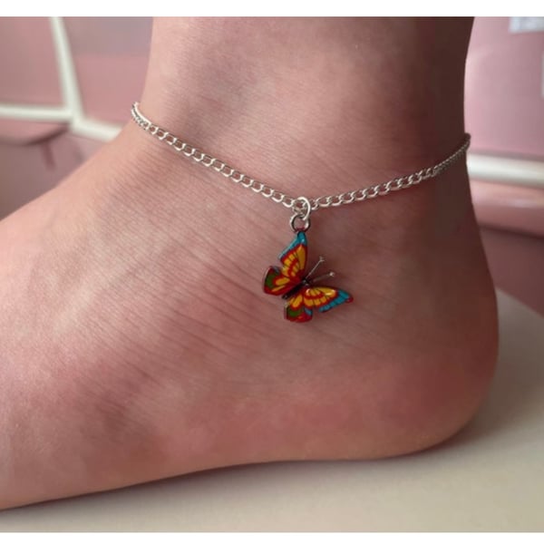 Multicolour curb chain silvertone anklet butterfly charm 