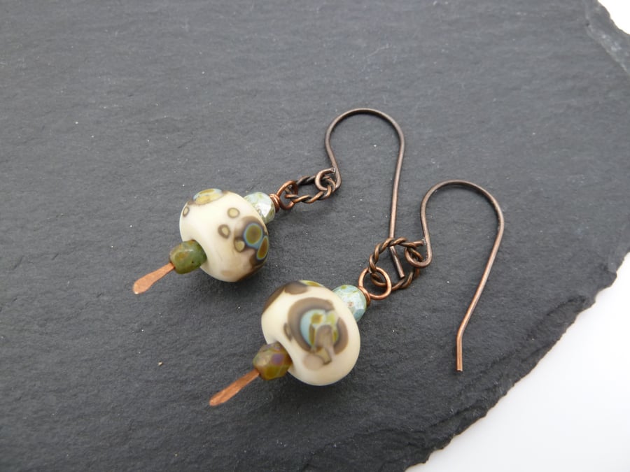 copper earrings, lampwork glass jewellery