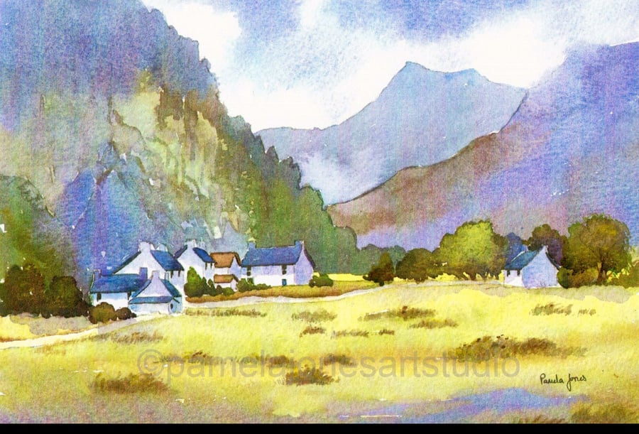 Cottages, Nant Peris, North Wales, Watercolour Print, in 8 x 6 '' Mount