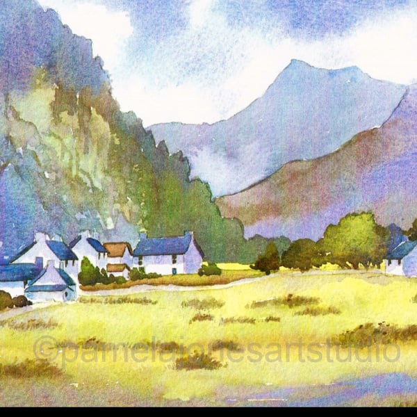 Cottages, Nant Peris, North Wales, Watercolour Print, in 8 x 6 '' Mount