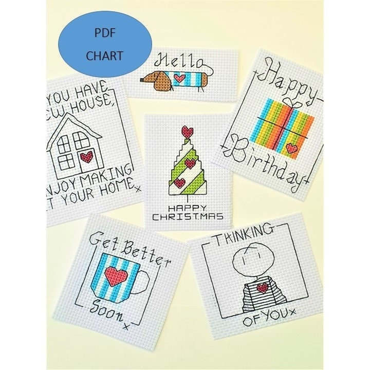 Mini Greetings Card Cross Stitch Patterns: Set of 6 (Digital Download) PDF
