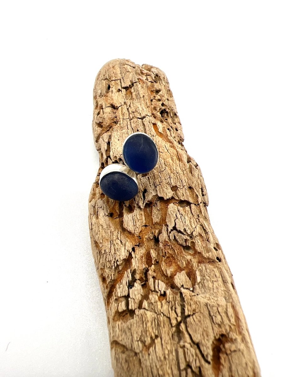 Beautiful Blue Sea Glass Stud Earrings