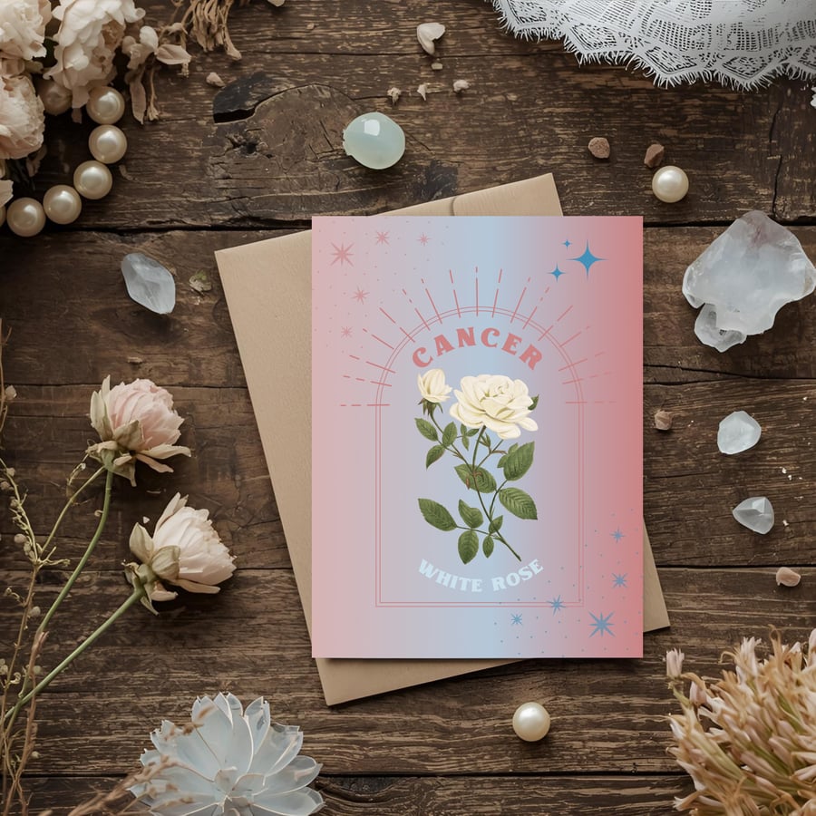 Cancer Zodiac Flower Card. White Rose. Birthday Card for Jun 21 – Jul 22