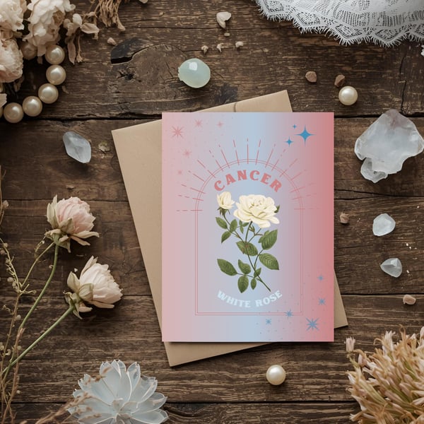 Cancer Zodiac Flower Card. White Rose. Birthday Card for Jun 21 – Jul 22
