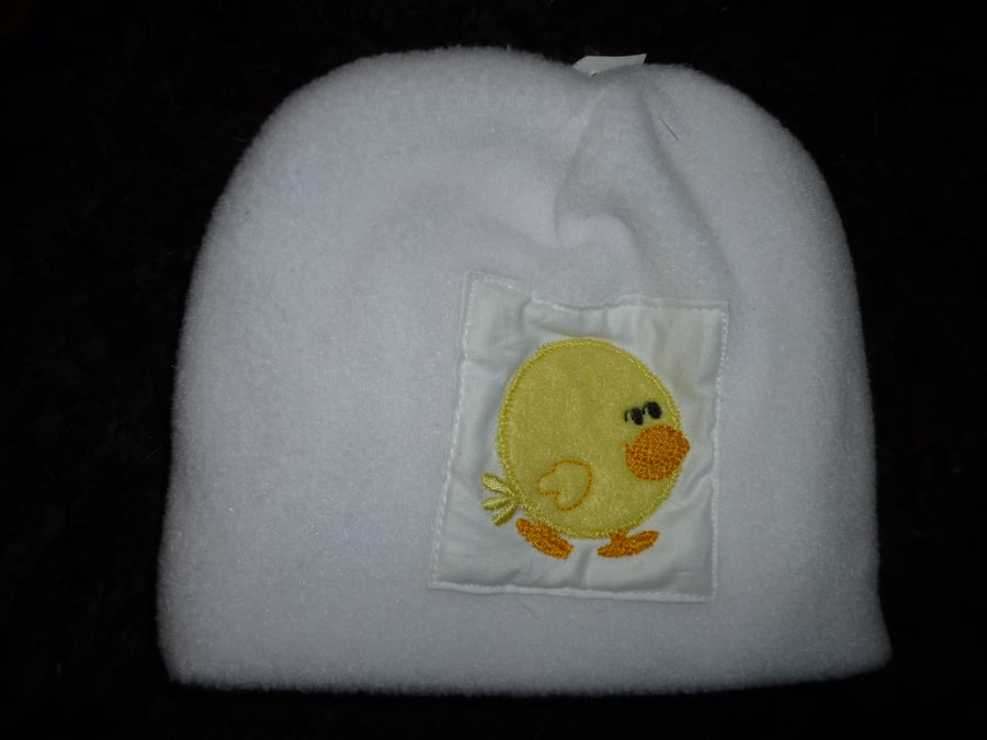Baby hat with cute chick on white fleece
