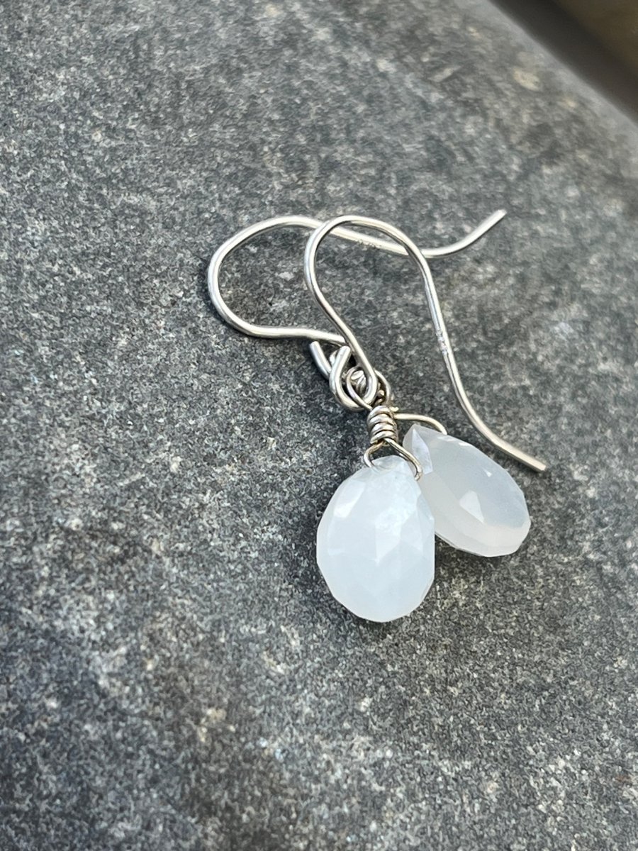 Natural Gemstone Moonstone Earrings, Sterling Silver Dangles, White Briolette 