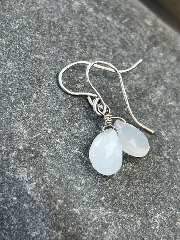 Natural Gemstone Moonstone Earrings, Sterling Silver Dangles, White Briolette 