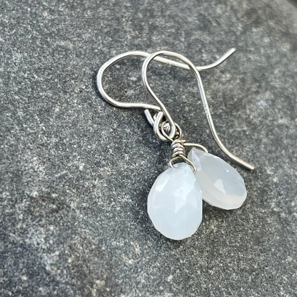 Natural Gemstone Moonstone Earrings, Sterling Silver Dangles, White Briolette 