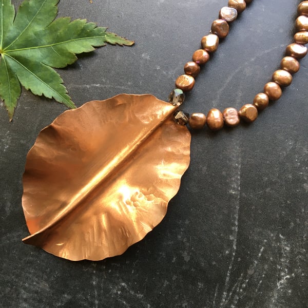 Forged Copper Leaf,  Bronze Freshwater Pearl & Smoky Quartz Necklace