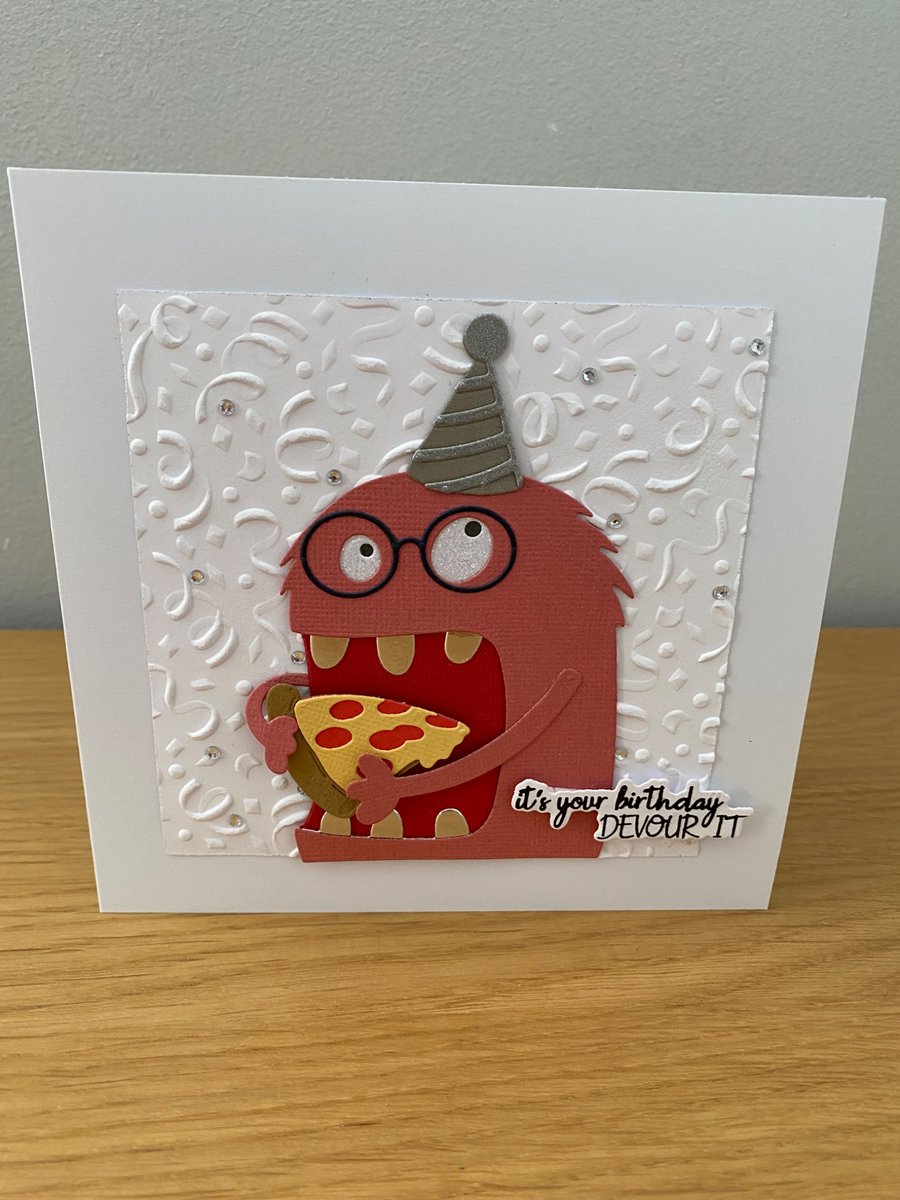 Handmade Birthday Monster Card – Pizza Party Fun