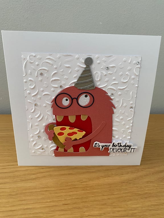 Handmade Birthday Monster Card – Pizza Party Fun