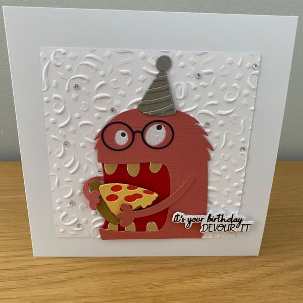 Handmade Birthday Monster Card – Pizza Party Fun