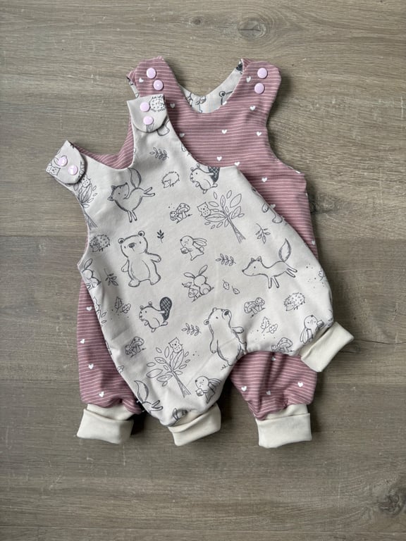 Forest Animals and Hearts stretchy Romper (reversible)- 0-3 & 3-6 months 