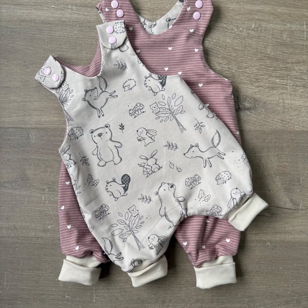 Forest Animals and Hearts stretchy Romper (reversible)- 0-3 & 3-6 months 